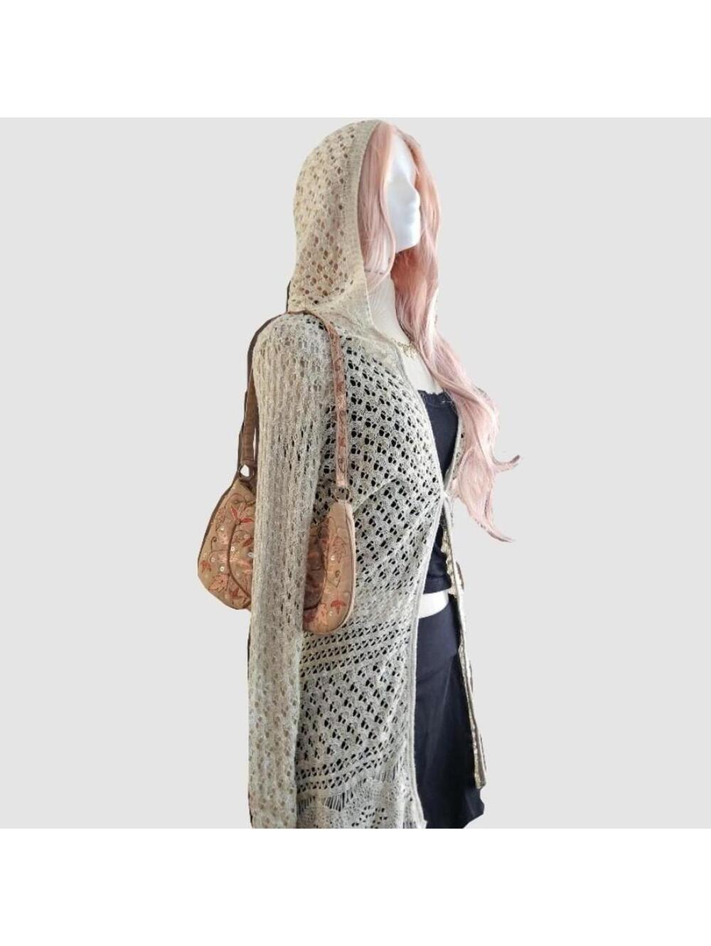 Y2K Hooded Crochet Duster Cardigan, cotton M